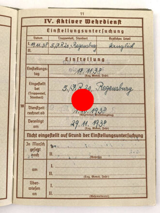 Wehrpaß Heer, ausgestellt am 18.11.38 bei 5.Infanterie Regiment 20 Regensburg.