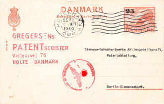 Patentabteilung Dänemark, Karte bzgl. dänischer Patentanmeldung an Siemens, gelaufen 1940