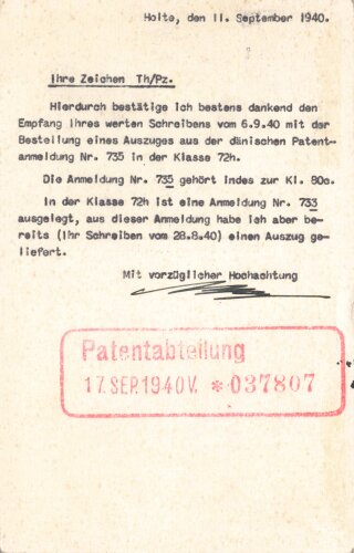 Patentabteilung Dänemark, Karte bzgl. dänischer Patentanmeldung an Siemens, gelaufen 1940