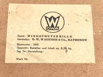 Luftwaffe Windschutzbrille Baumuster 295, Hersteller Wagener Rathenow, Sehr guter Zustand, mit Vollständigem Zubehör , im Transportkasten.