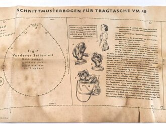 Luftschutz "Schnittmusterbogen für Tragtasche Volksgasmaske 40"  Druckvermerk von 1943