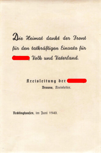 Kreisleitung der NSDAP Recklinghausen , Blatt zum Einkleben in ein Buch ? vom Juni 1940