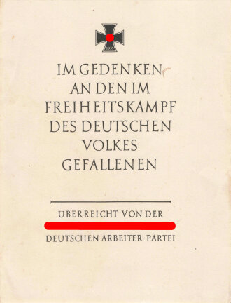 Gedenkblatt überreicht von der NSDAP "im...