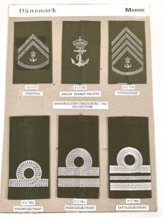 Dänemark, Sammlung Rangabzeichen der Marine für die Felduniform, auf Karton geklebt