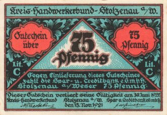 Notgeldschein des Kreis Handwerkerbund Stolzenau an der Weser über 75 Pfennig, datiert 1922