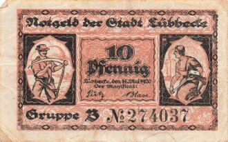 Notgeldschein der Stadt Lübbeck über 10 Pfennig, datiert 1920