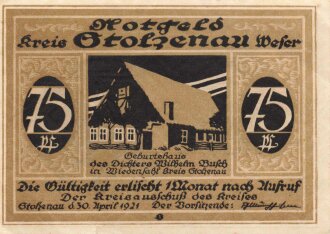 Notgeldschein des Kreis Stolzenau Weser über 75 Pfennig, datiert 1921