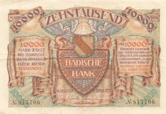 Notgeldschein der Badischen Bank Mannheim über Zehntausend Mark, datiert 1923