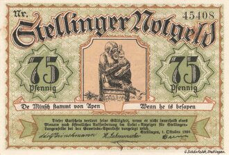 Notgeldschein der Stadt Stellingen über 75 Pfennig, datiert 1920