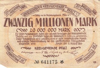 Notgeldschein der Kreisgemeinde Pfalz über Zwanzig Millionen Mark, datiert 1923