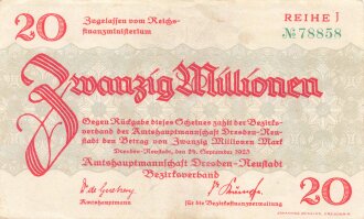 Notgeldschein der Amtshauptmannschaft Dresden-Neustadt über Zwanzig Millionen Mark, datiert 1923