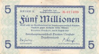 Notgeldschein der Amtshauptmannschaft Dresden-Neustadt über Fünf Millionen Mark, datiert 1923