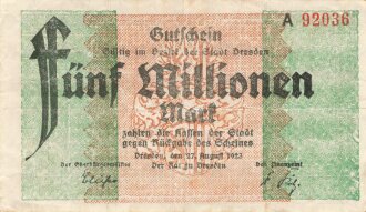 Notgeldschein der Stadt Dresden über Fünf Millionen Mark, datiert 1923