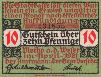 Notgeldschein der Stadt Vlotho an der Weser über 10 Pfennig, datiert 1921