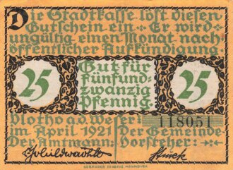 Notgeldschein der Stadt Vlotho an der Weser über 25 Pfennig, datiert 1921