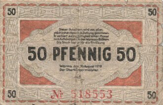 Notgeldschein der Stadt Worms über 50 Pfennig,...