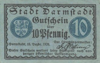 Notgeldschein der Stadt Darmstadt über 10 Pfennig, datiert 1920