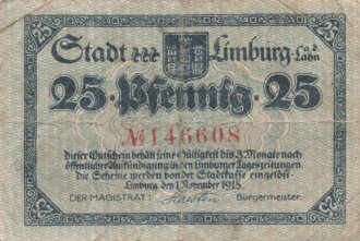 Notgeldschein der Stadt Limburg an der Lahn über 25 Pfennig, datiert 1918