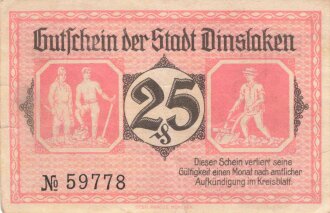 Notgeldschein der Stadt Dinslaken über 25 Pfennig, datiert 1920