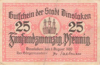 Notgeldschein der Stadt Dinslaken über 25 Pfennig,...