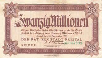 Notgeldschein der Stadt Freital über Zwanzig Millionen Mark, datiert 1923