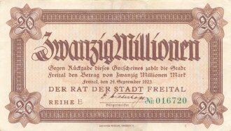 Notgeldschein der Stadt Freital über Zwanzig Millionen Mark, datiert 1923