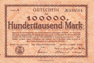 Notgeldschein der Stadt Bonn über Hunderttaussend Mark, datiert 1923