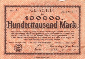 Notgeldschein der Stadt Bonn über Hunderttaussend Mark, datiert 1923