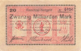 Notgeldschein der Gemeinden Oberkirch, Oppenau und Bad Peterstal über Zwanzig Milliarden Mark, datiert 1923