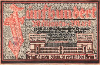 Notgeldschein der Stadtgemeinde Singen-Hohentwiel über Fünfhundert Millionen Mark, datiert 1923