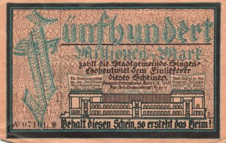 Notgeldschein der Stadtgemeinde Singen-Hohentwiel über Fünfhundert Millionen Mark, datiert 1924