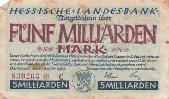 Notgeldschein des Volksstaat Hessen über Fünf Milliarden Mark, datiert 1923