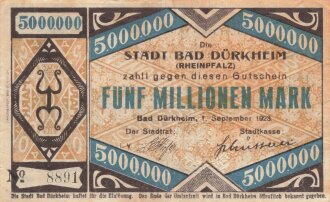 Notgeldschein der Stadt Bad Dürkheim über Fünf Millionen Mark, datiert 1923