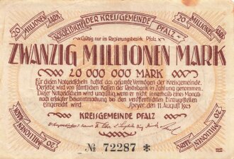 Notgeldschein der Kreisgemeinde Pfalz über Zwanzig Millionen Mark, datiert 1923