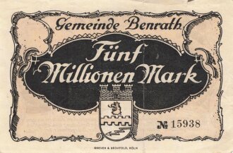 Notgeldschein der Gemeinde Benrath über Fünf Millionen Mark, datiert 1923