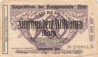 Notgeldschein der Kreisgemeinde Pfalz über Fünfhundert Millionen Mark, datiert 1923