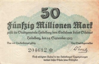 Notgeldschein der Stadtgemeinde Heidelberg über Fünfzig Millionen Mark, datiert 1923