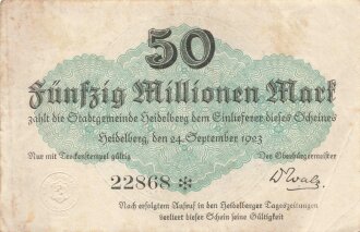 Notgeldschein der Stadtgemeinde Heidelberg über Fünfzig Millionen Mark, datiert 1923