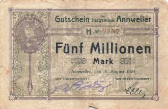 Notgeldschein der Stadtgemeinde Annweiler über Fünf Millionen Mark, datiert 1923