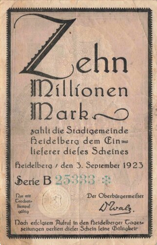 Notgeldschein der Stadtgemeinde Heidelberg über Zehn Millionen Mark, datiert 1923