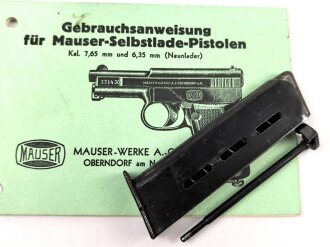 "Mauser" Selbstlade Pistole, Magazin, Laufhalter und Nachgedruckte Gebrauchsanweisung