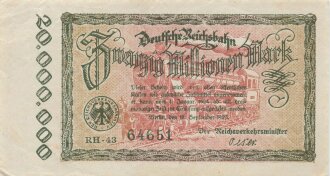 Banknote Deutsche Reichsbahn über Zwanzig Millionen Mark, datiert 1923