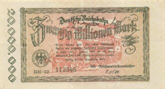 Banknote Deutsche Reichsbahn über Zwanzig Millionen Mark, datiert 1923