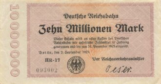 Banknote Deutsche Reichsbahn über Zehn Millionen Mark, datiert 1923