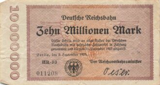 Banknote Deutsche Reichsbahn über Zehn Millionen Mark, datiert 1923