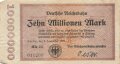 Banknote Deutsche Reichsbahn über Zehn Millionen Mark, datiert 1923