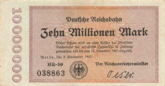 Banknote Deutsche Reichsbahn über Zehn Millionen Mark, datiert 1923