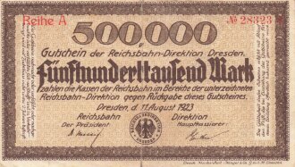 Banknote Deutsche Reichsbahn über Fünfhunderttausend Mark, datiert 1923