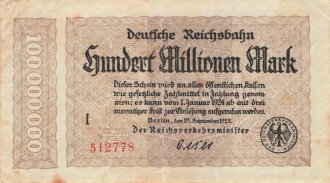 Banknote Deutsche Reichsbahn über Hundert Millionen Mark, datiert 1923