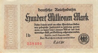 Banknote Deutsche Reichsbahn über Hundert Millionen...